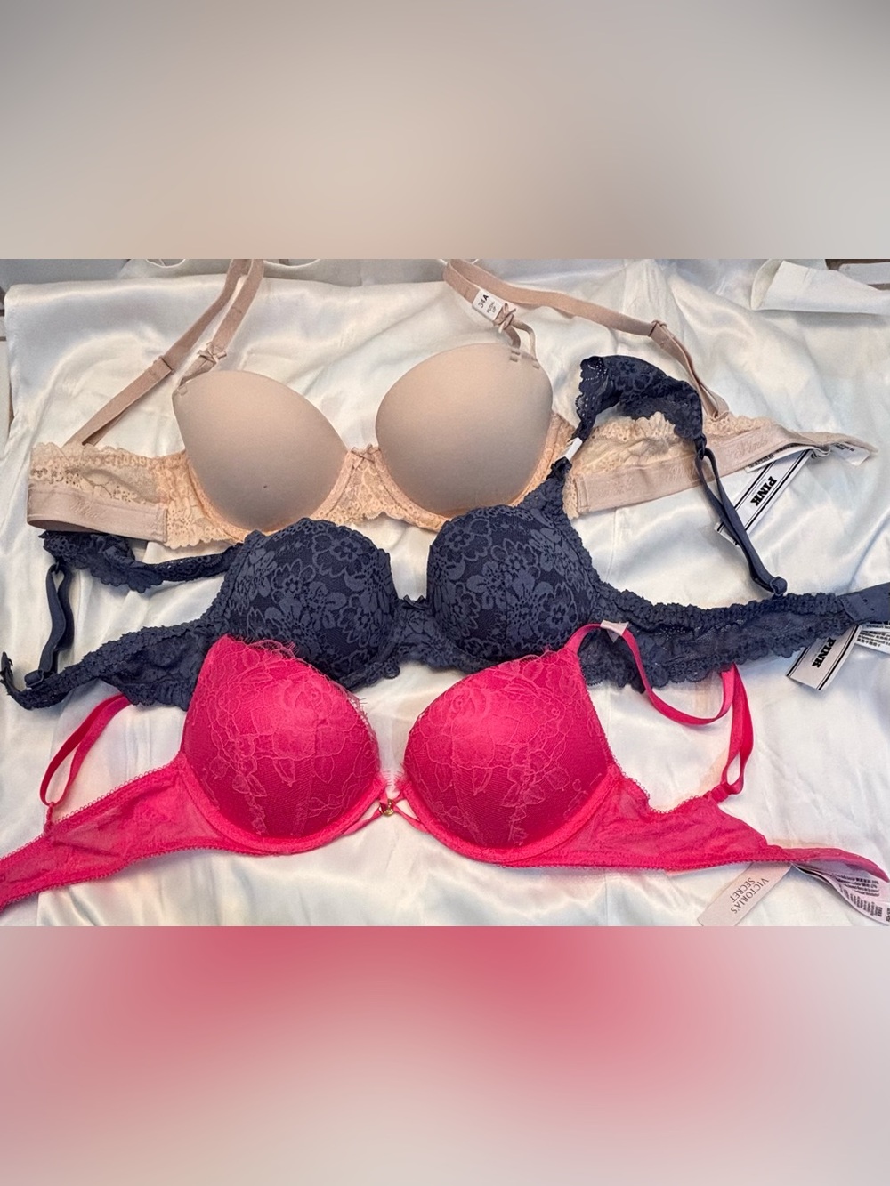 3 NWT 32A PINK Victoria's Secret 32A Beige, Blue and Pink BRA BUNDLE